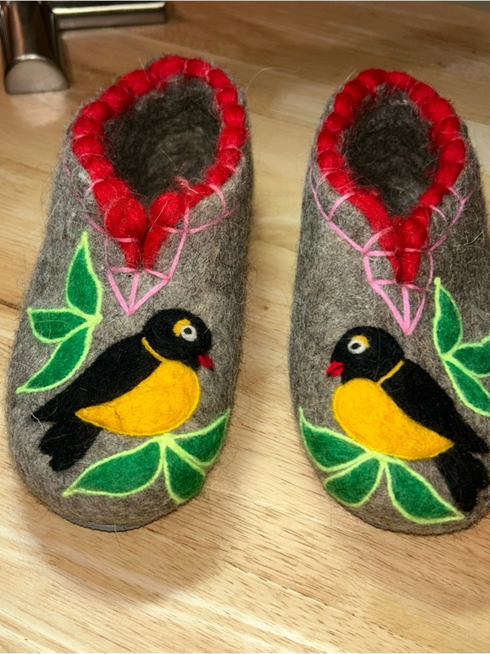 Russian Valenki Traditional Slippers Handmade Felted Wool Bird Leaves 37 7 7.5